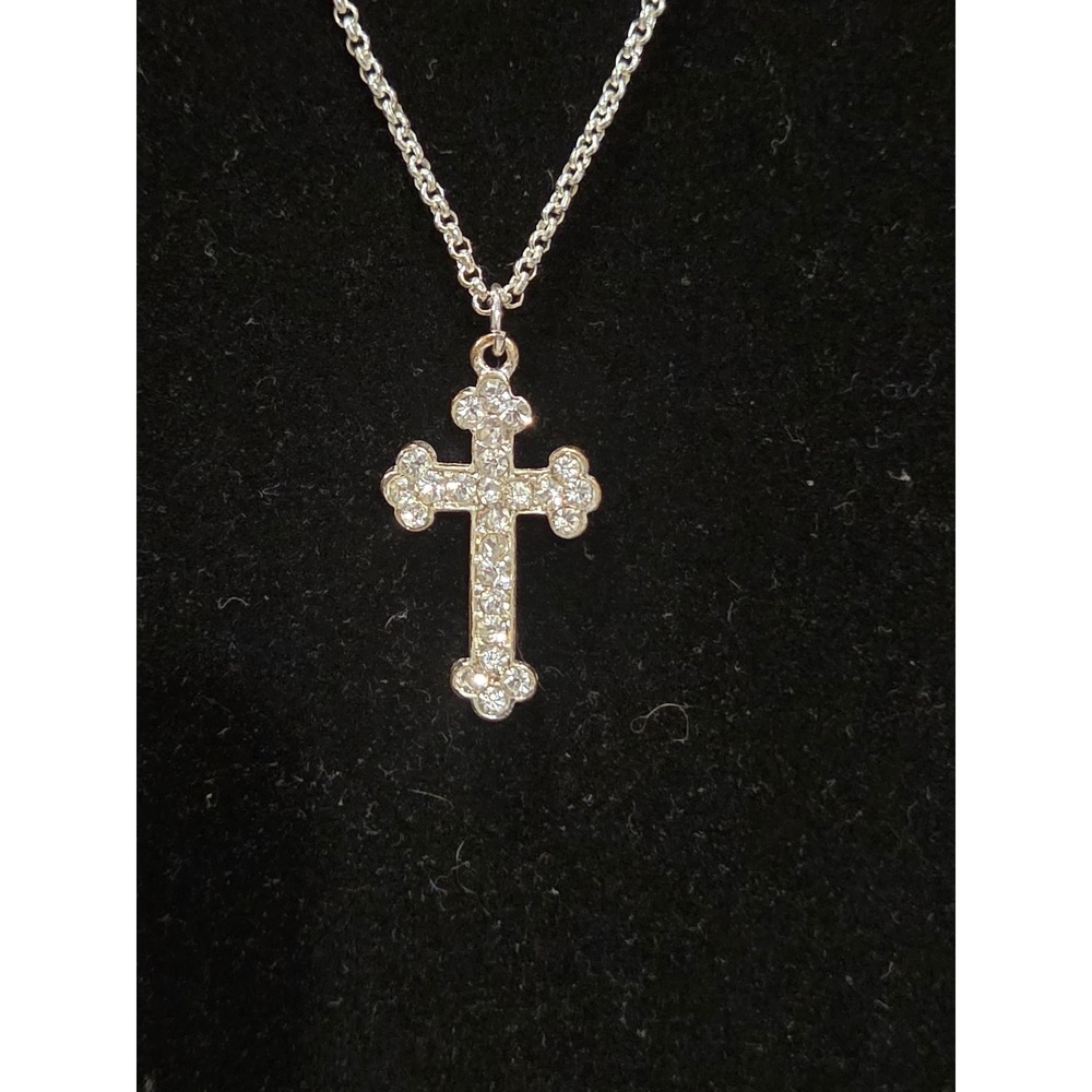 Silver Tone Rhinestone Budded Cross Pendant Necklace Adjustable Chain Bling NWOB